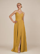 KissDress-Vionnet Marigold A-Line V Neck Pleated Chiffon Long Bridesmaid Dress with Slit