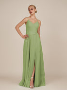 KissDress-Vionnet Matcha A-Line V Neck Pleated Chiffon Long Bridesmaid Dress with Slit