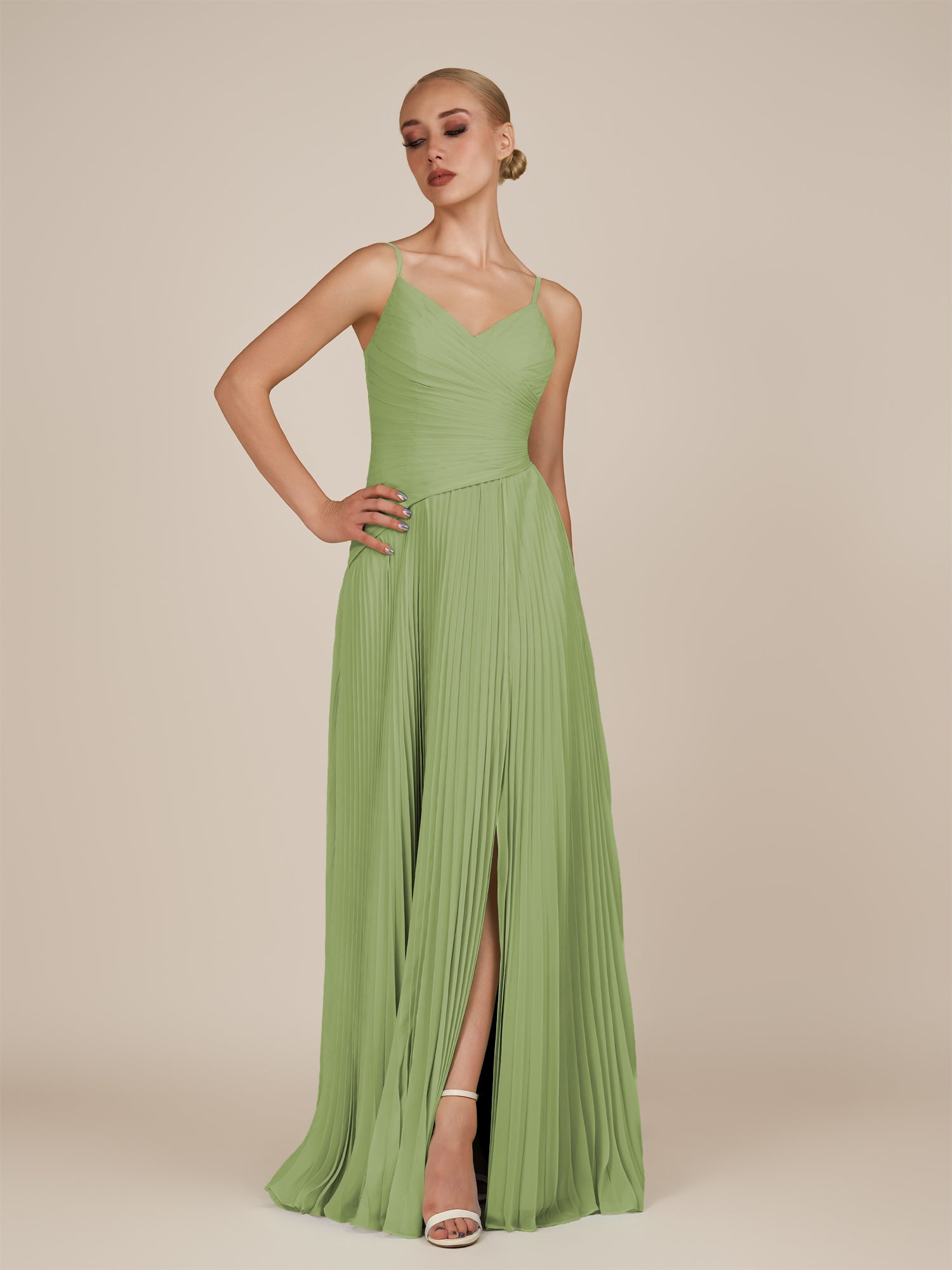 KissDress-Vionnet Matcha A-Line V Neck Pleated Chiffon Long Bridesmaid Dress with Slit
