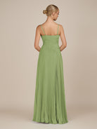 KissDress-Vionnet Matcha A-Line V Neck Pleated Chiffon Long Bridesmaid Dress with Slit