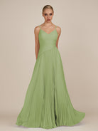 KissDress-Vionnet Matcha A-Line V Neck Pleated Chiffon Long Bridesmaid Dress with Slit