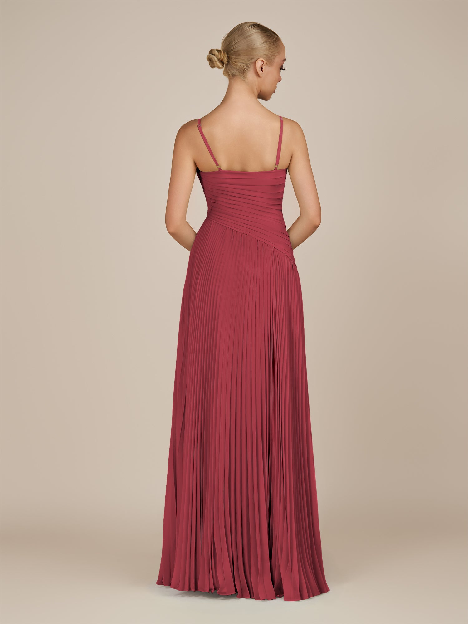 KissDress-Vionnet Merlot A-Line V Neck Pleated Chiffon Long Bridesmaid Dress with Slit