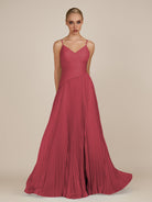 KissDress-Vionnet Merlot A-Line V Neck Pleated Chiffon Long Bridesmaid Dress with Slit