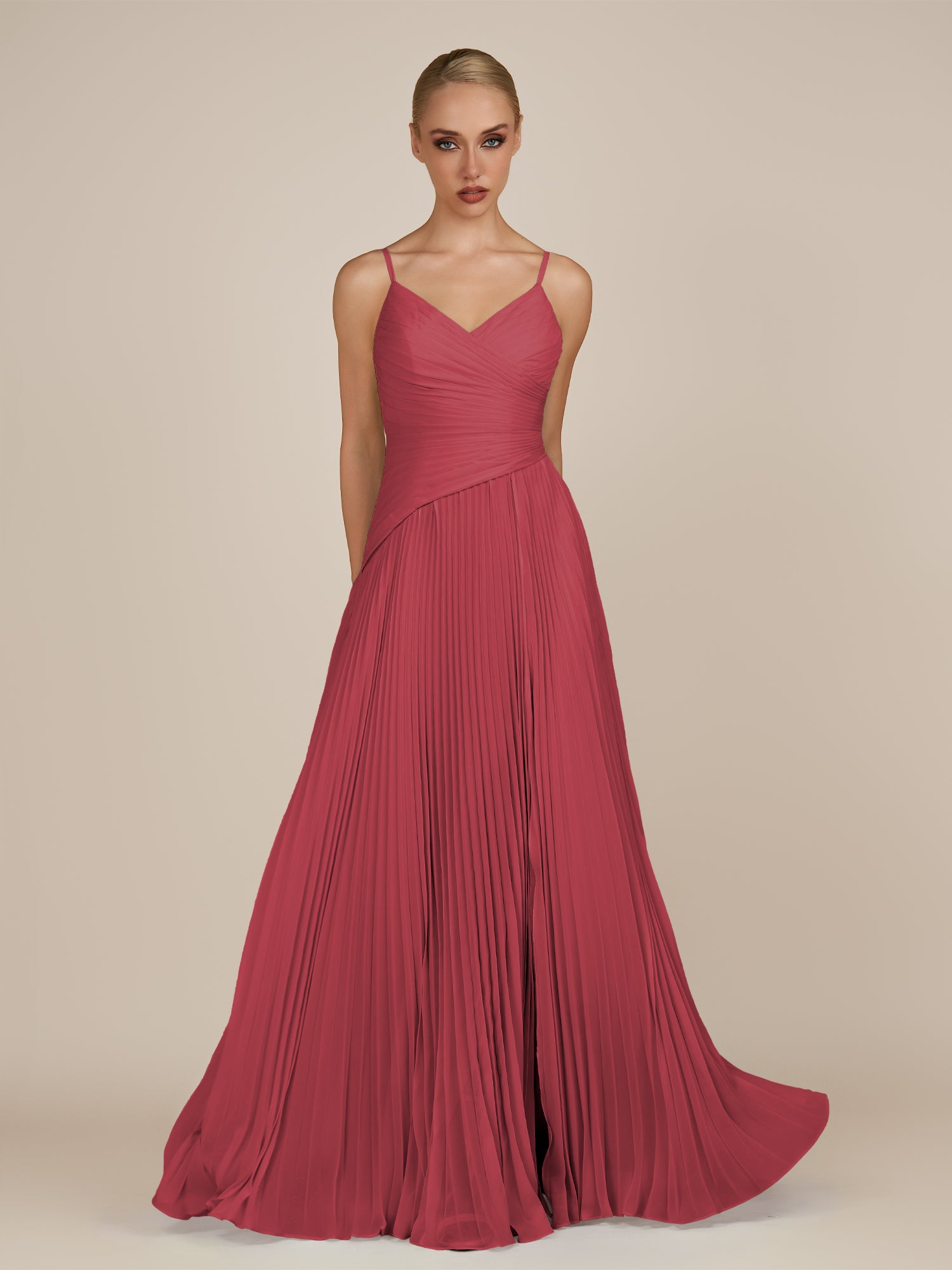 KissDress-Vionnet Merlot A-Line V Neck Pleated Chiffon Long Bridesmaid Dress with Slit