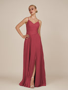 KissDress-Vionnet Merlot A-Line V Neck Pleated Chiffon Long Bridesmaid Dress with Slit