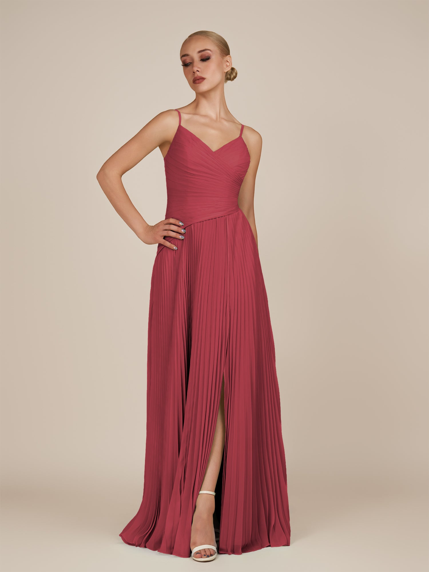 KissDress-Vionnet Merlot A-Line V Neck Pleated Chiffon Long Bridesmaid Dress with Slit