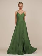 KissDress-Vionnet Moss A-Line V Neck Pleated Chiffon Long Bridesmaid Dress with Slit