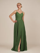 KissDress-Vionnet Moss A-Line V Neck Pleated Chiffon Long Bridesmaid Dress with Slit