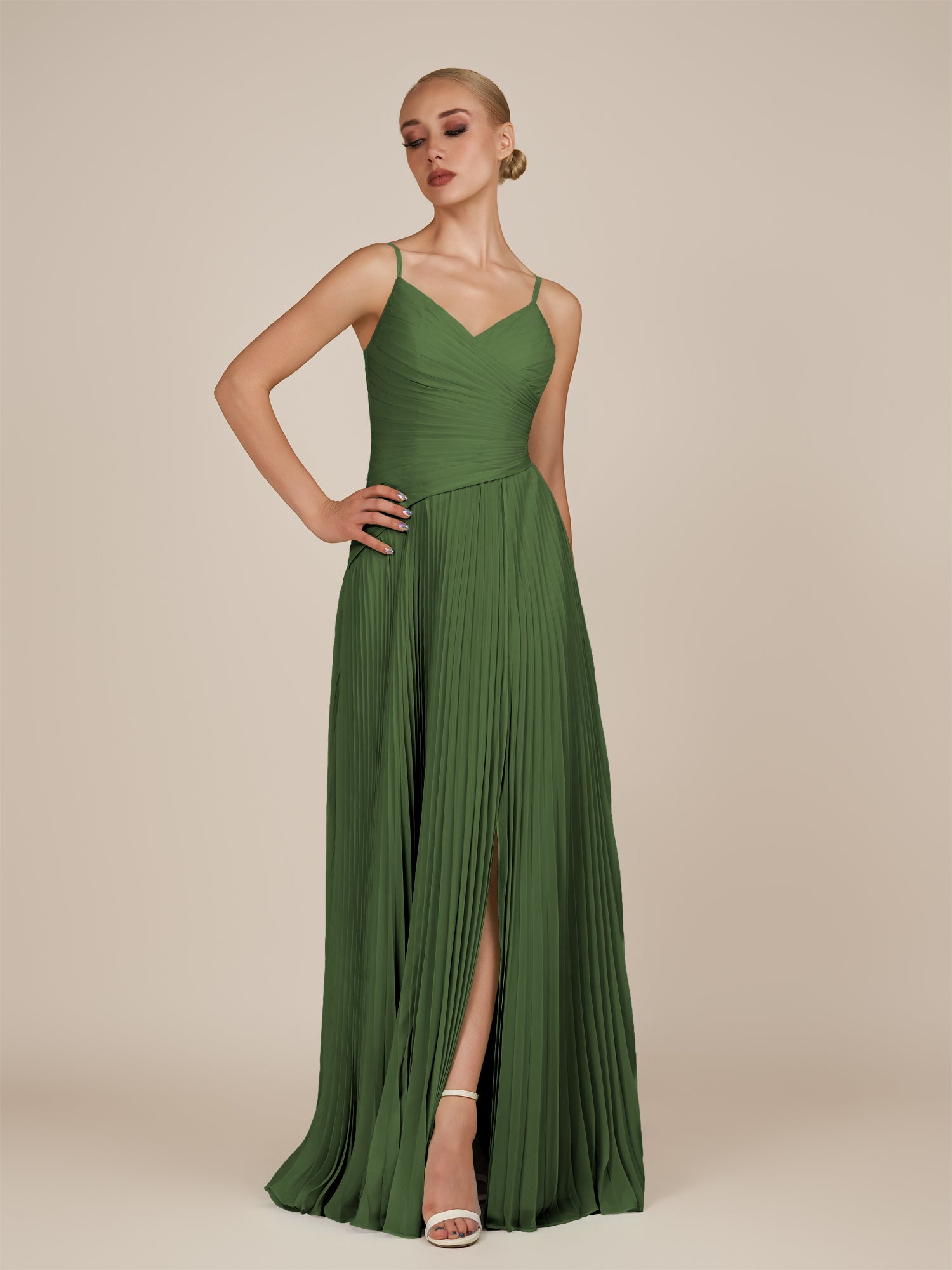 KissDress-Vionnet Moss A-Line V Neck Pleated Chiffon Long Bridesmaid Dress with Slit