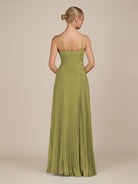 KissDress-Vionnet Moss Green A-Line V Neck Pleated Chiffon Long Bridesmaid Dress with Slit