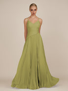 KissDress-Vionnet Moss Green A-Line V Neck Pleated Chiffon Long Bridesmaid Dress with Slit