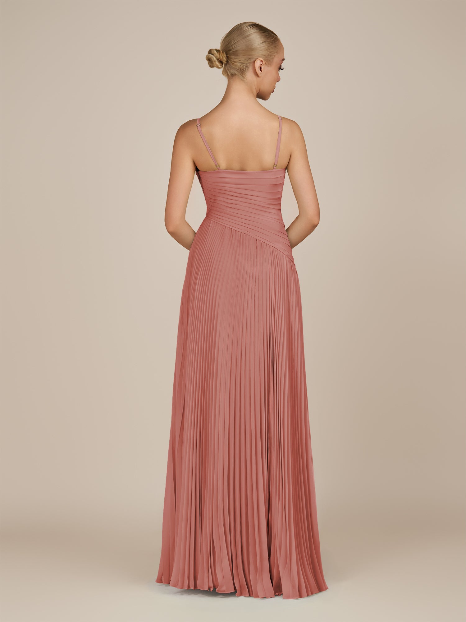 KissDress-Vionnet Mulberry A-Line V Neck Pleated Chiffon Long Bridesmaid Dress with Slit