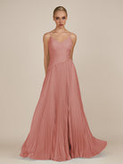 KissDress-Vionnet Mulberry A-Line V Neck Pleated Chiffon Long Bridesmaid Dress with Slit