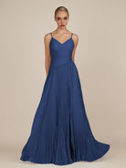 KissDress-Vionnet Navy A-Line V Neck Pleated Chiffon Long Bridesmaid Dress with Slit