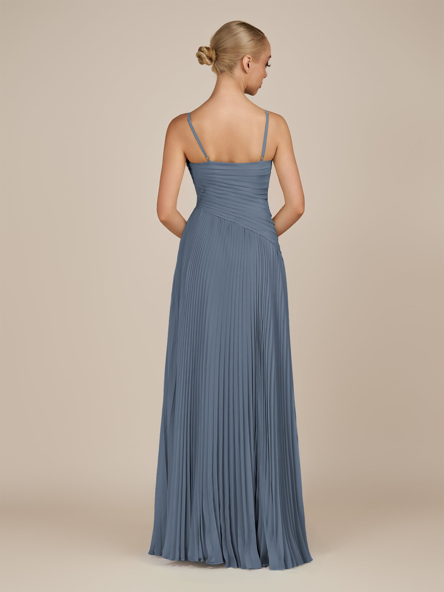 KissDress-Vionnet Neptune A-Line V Neck Pleated Chiffon Long Bridesmaid Dress with Slit
