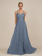 KissDress-Vionnet Neptune A-Line V Neck Pleated Chiffon Long Bridesmaid Dress with Slit