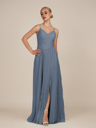 KissDress-Vionnet Neptune A-Line V Neck Pleated Chiffon Long Bridesmaid Dress with Slit