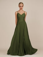 KissDress-Vionnet Olive A-Line V Neck Pleated Chiffon Long Bridesmaid Dress with Slit