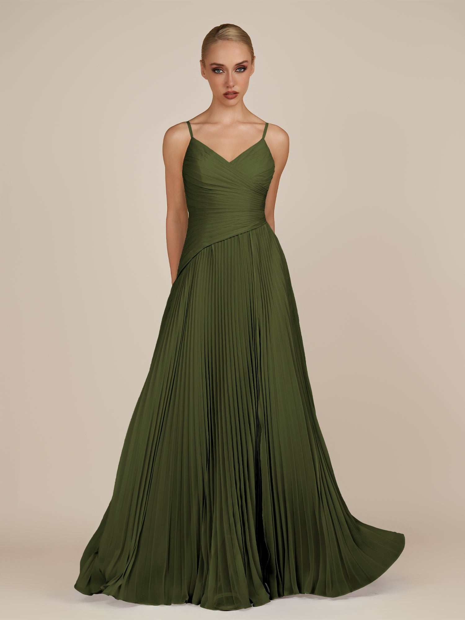 KissDress-Vionnet Olive A-Line V Neck Pleated Chiffon Long Bridesmaid Dress with Slit