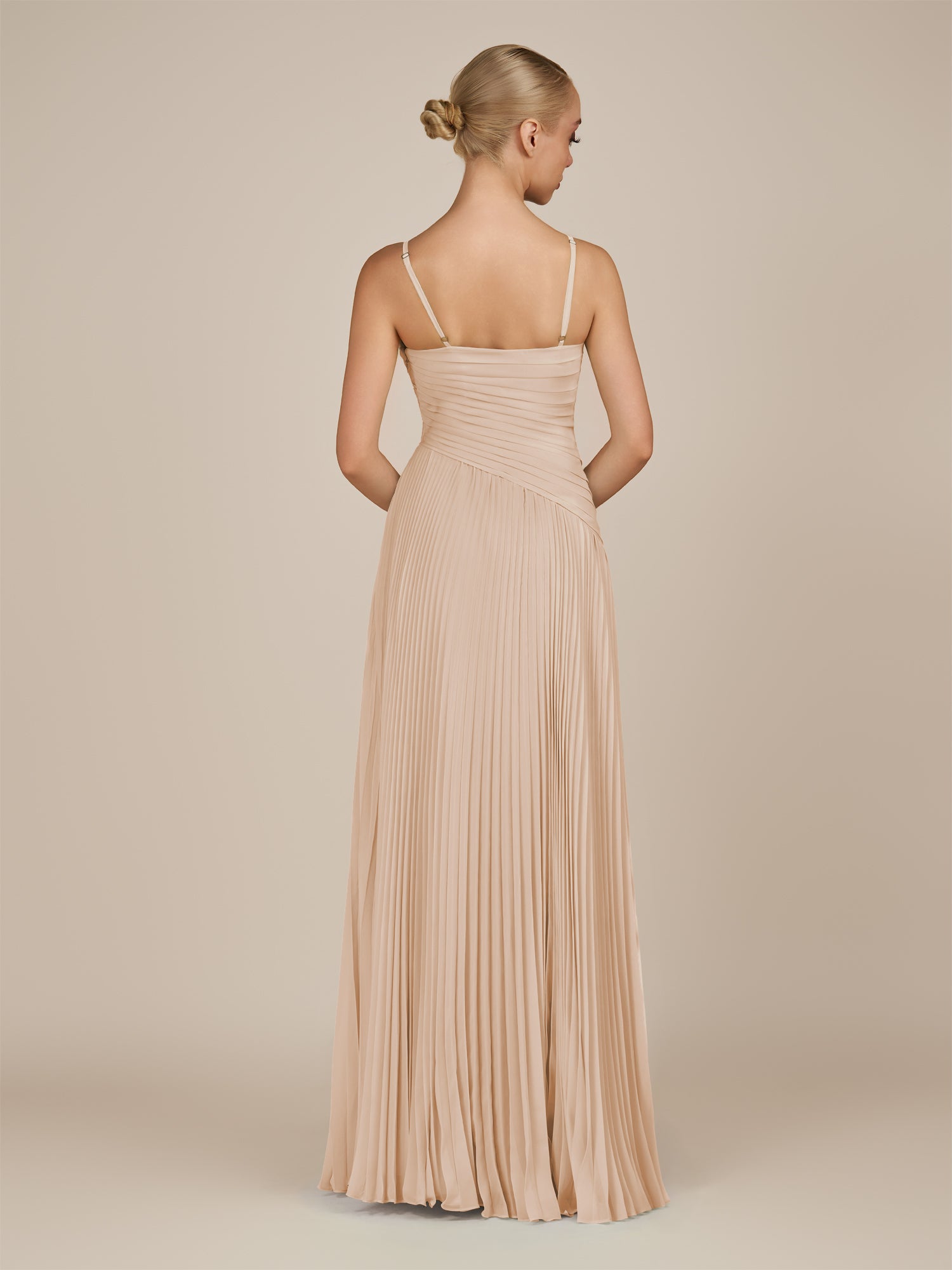 KissDress-Vionnet Pale Blush A-Line V Neck Pleated Chiffon Long Bridesmaid Dress with Slit