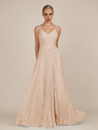 KissDress-Vionnet Pale Blush A-Line V Neck Pleated Chiffon Long Bridesmaid Dress with Slit