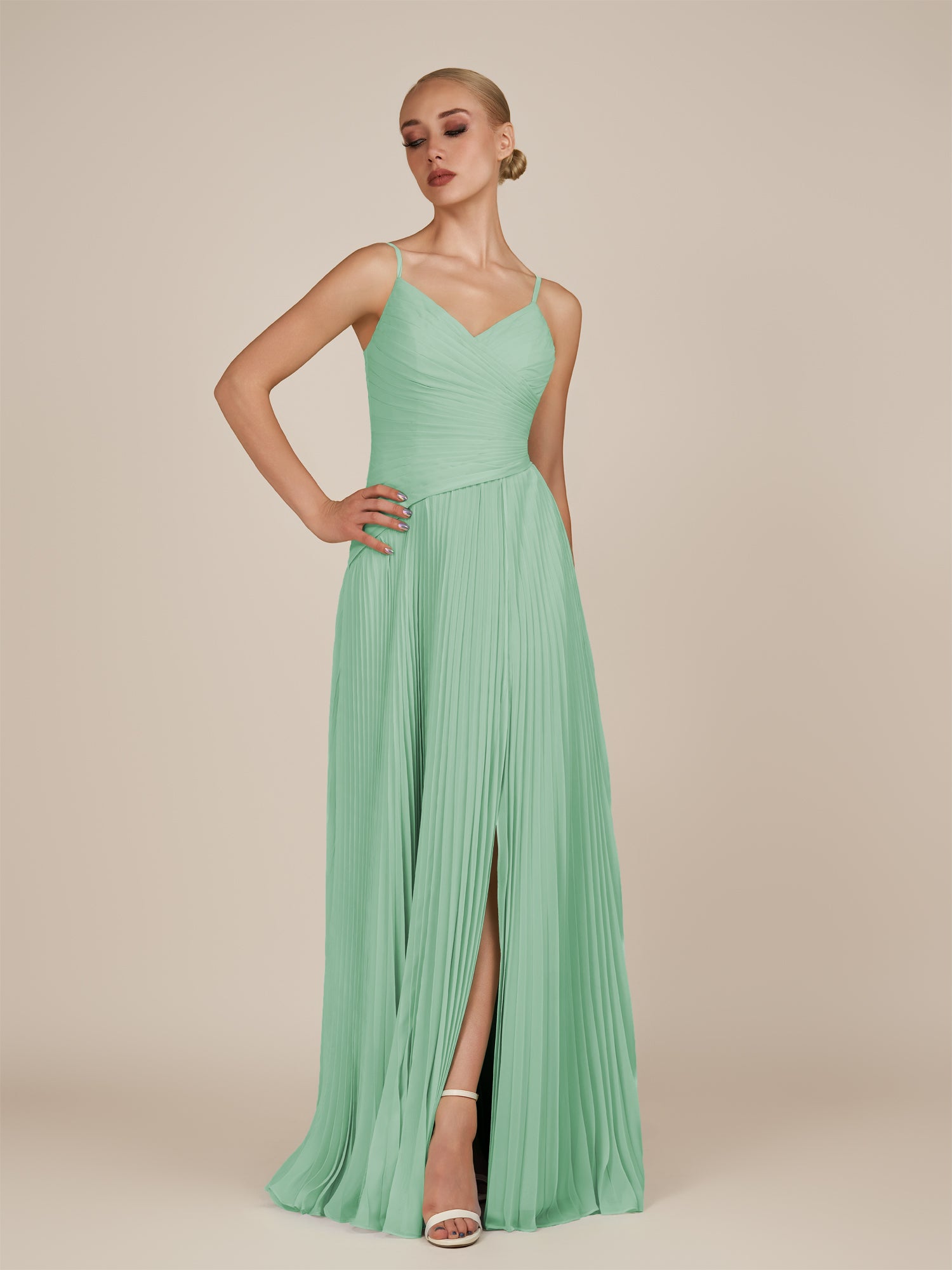 KissDress-Vionnet Pale Pistachio A-Line V Neck Pleated Chiffon Long Bridesmaid Dress with Slit