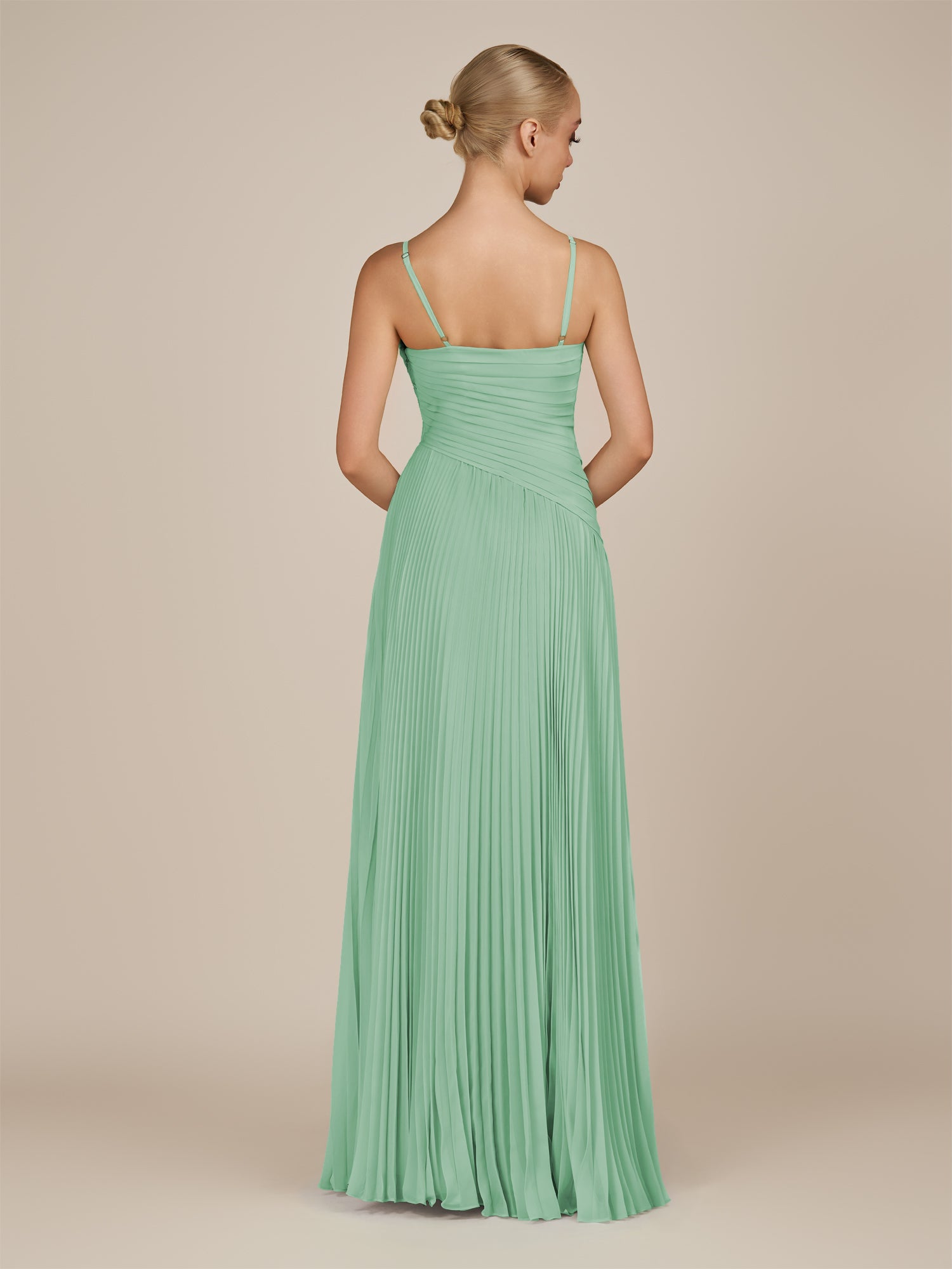 KissDress-Vionnet Pale Pistachio A-Line V Neck Pleated Chiffon Long Bridesmaid Dress with Slit