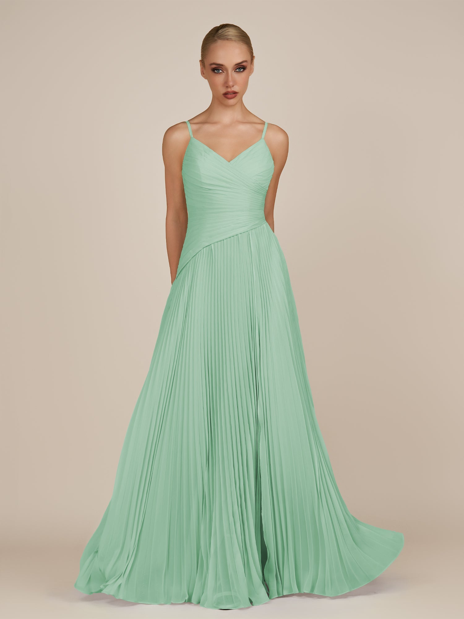 KissDress-Vionnet Pale Pistachio A-Line V Neck Pleated Chiffon Long Bridesmaid Dress with Slit