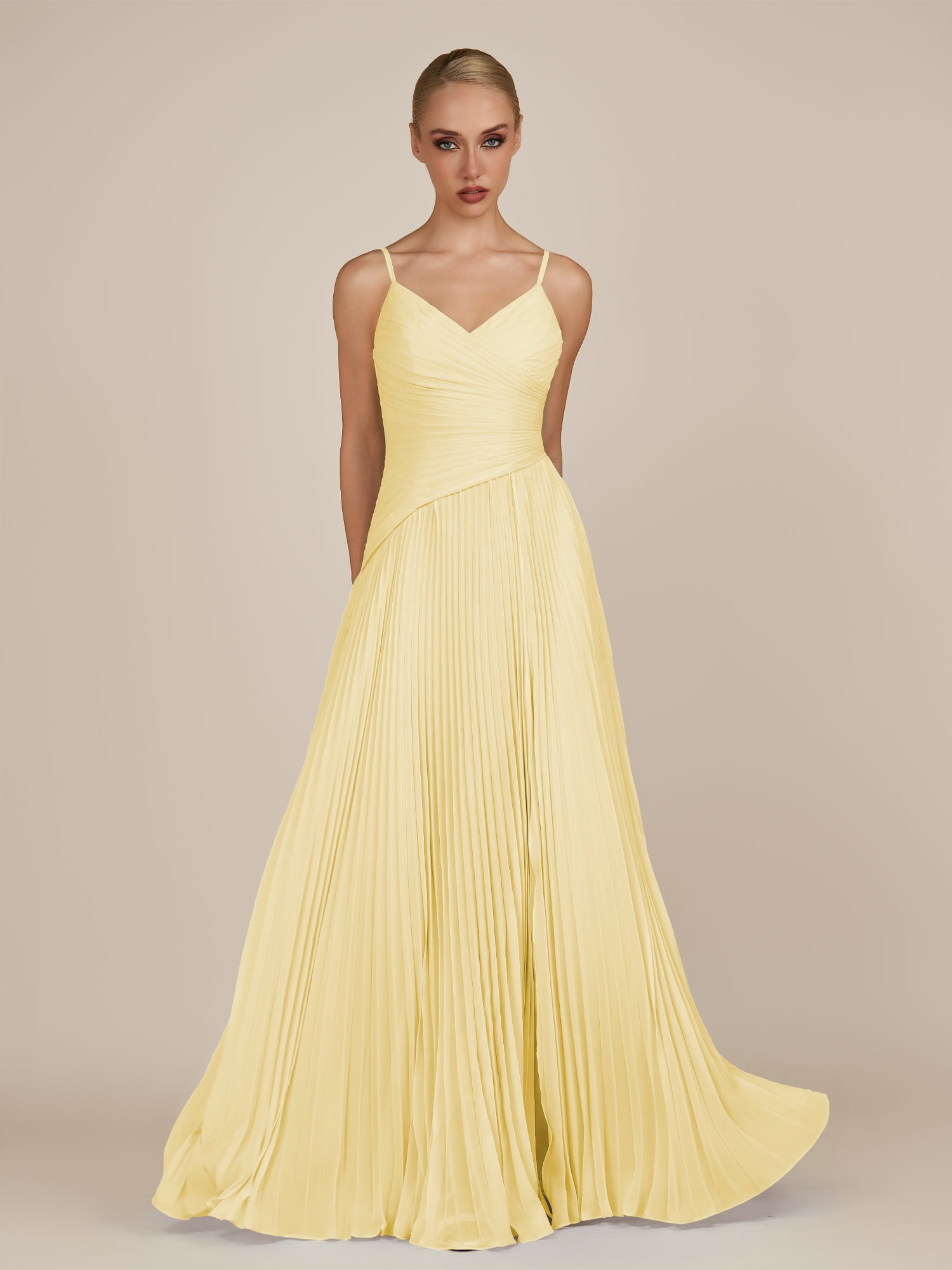 KissDress-Vionnet Pastel Yellow A-Line V Neck Pleated Chiffon Long Bridesmaid Dress with Slit