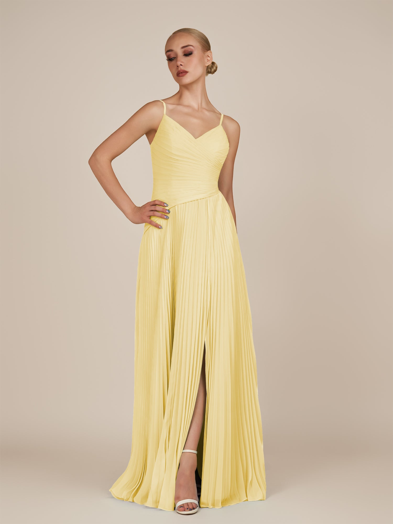 KissDress-Vionnet Pastel Yellow A-Line V Neck Pleated Chiffon Long Bridesmaid Dress with Slit
