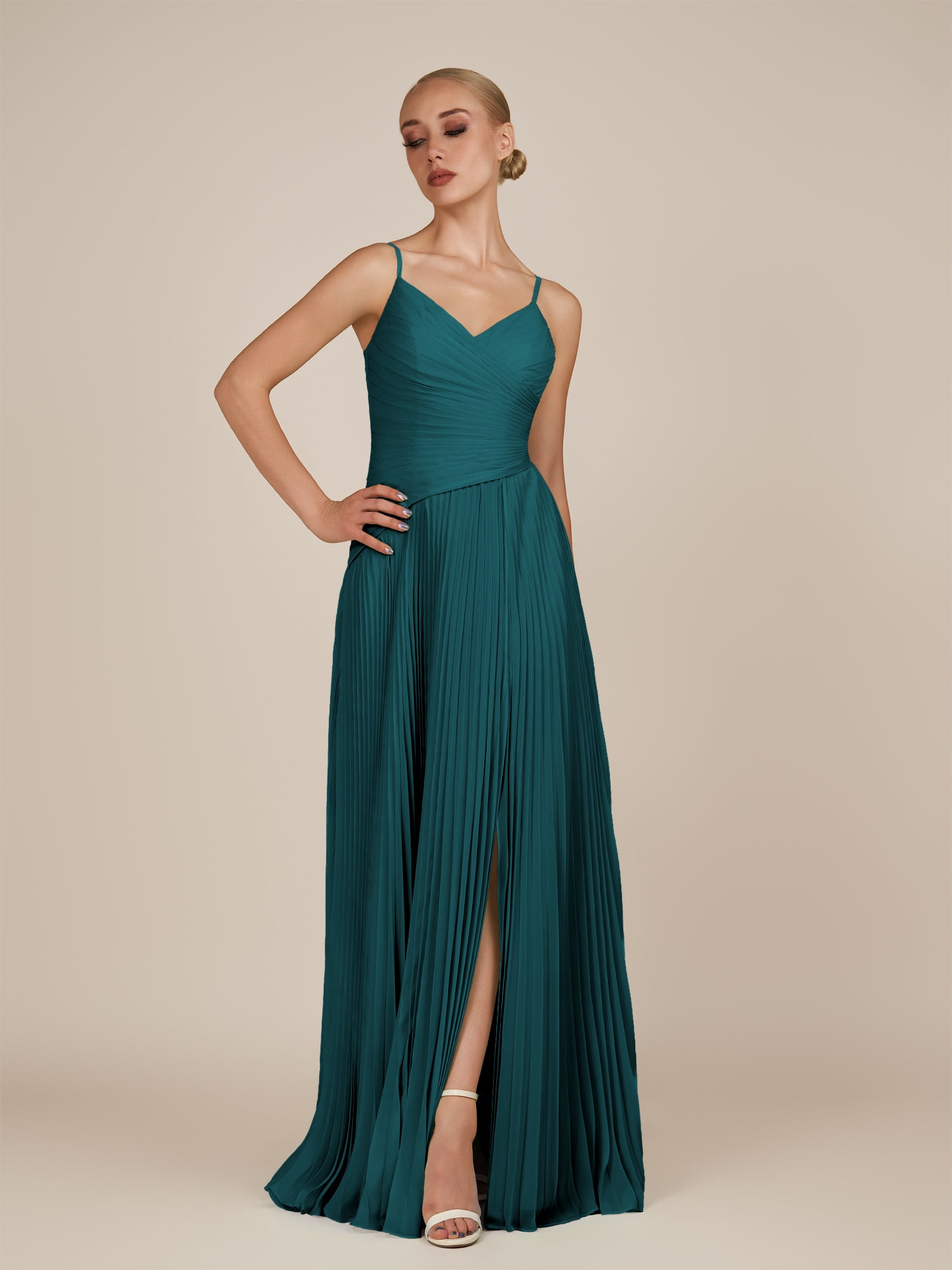 KissDress-Vionnet Pine A-Line V Neck Pleated Chiffon Long Bridesmaid Dress with Slit