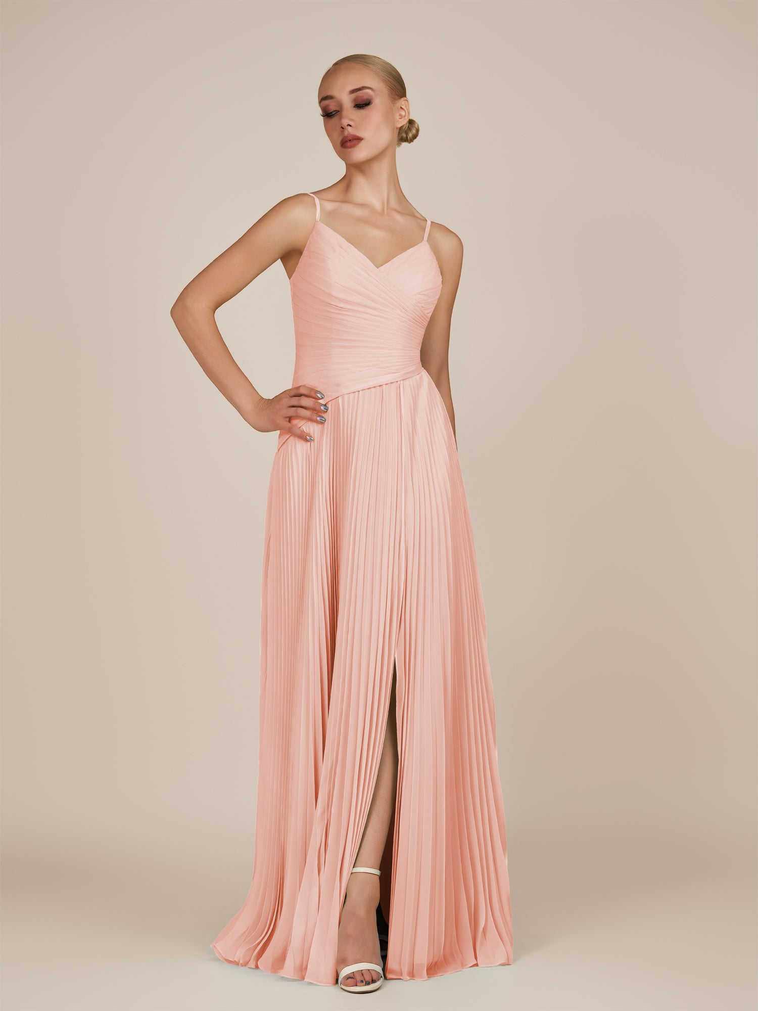 KissDress-Vionnet Rose Petal A-Line V Neck Pleated Chiffon Long Bridesmaid Dress with Slit