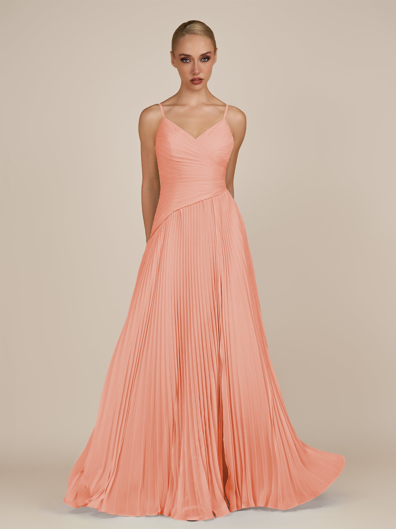 KissDress-Vionnet Rosette A-Line V Neck Pleated Chiffon Long Bridesmaid Dress with Slit