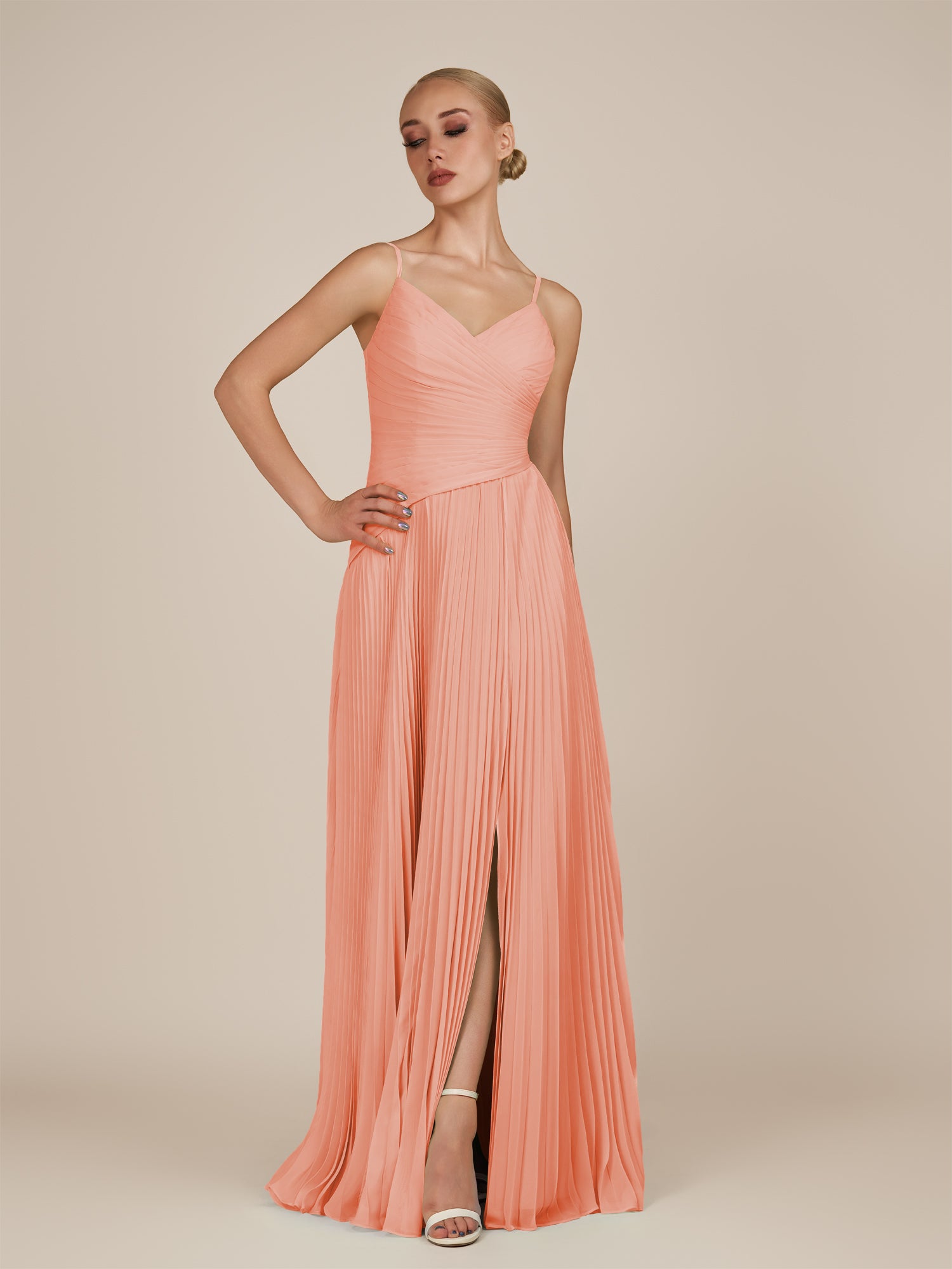 KissDress-Vionnet Rosette A-Line V Neck Pleated Chiffon Long Bridesmaid Dress with Slit