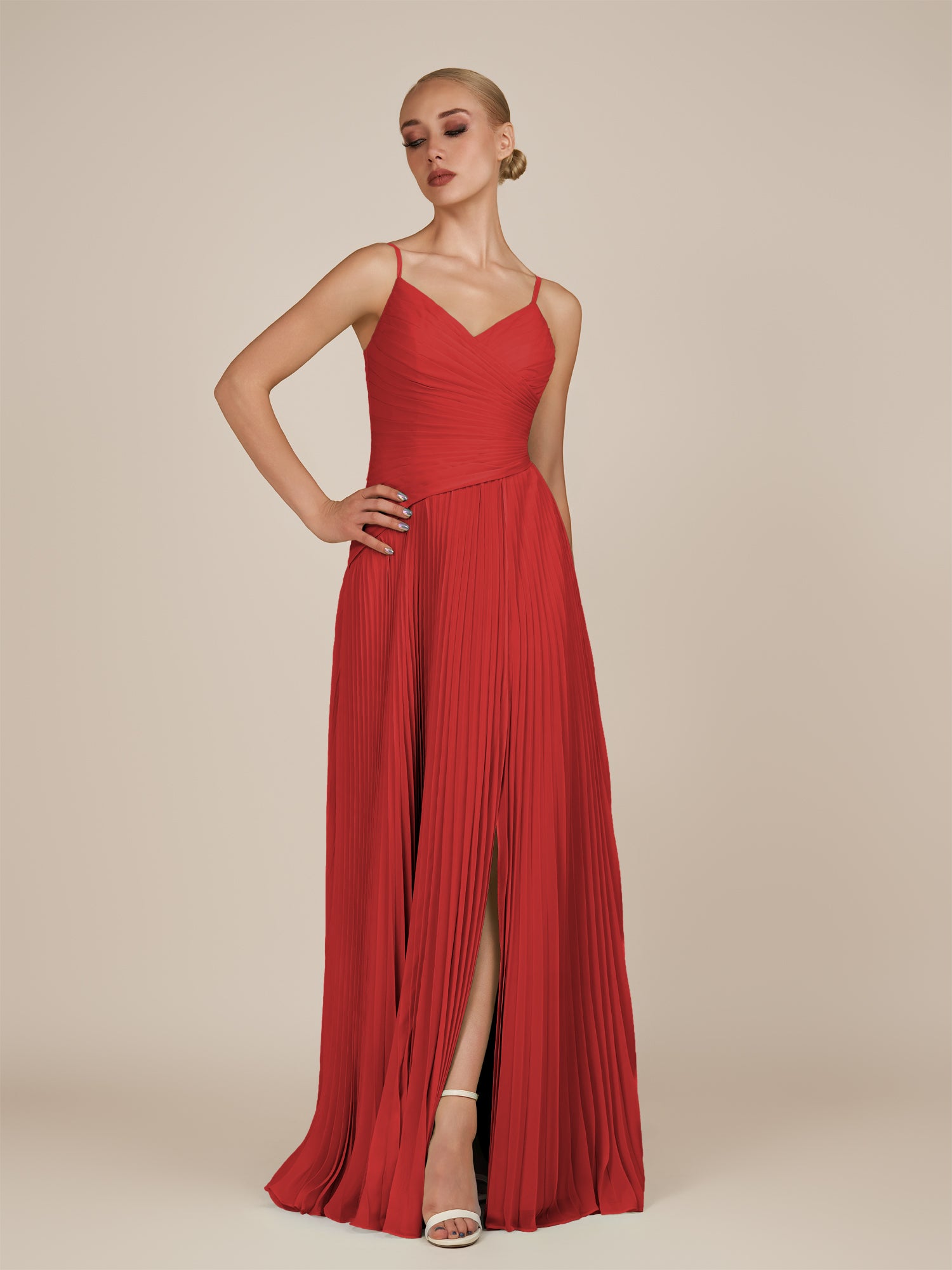 KissDress-Vionnet Ruby Red A-Line V Neck Pleated Chiffon Long Bridesmaid Dress with Slit