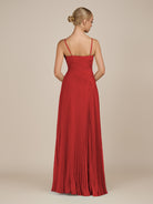 KissDress-Vionnet Ruby Red A-Line V Neck Pleated Chiffon Long Bridesmaid Dress with Slit