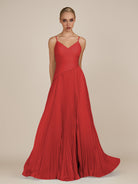 KissDress-Vionnet Ruby Red A-Line V Neck Pleated Chiffon Long Bridesmaid Dress with Slit