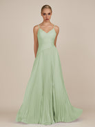 KissDress-Vionnet Sage A-Line V Neck Pleated Chiffon Long Bridesmaid Dress with Slit