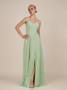 KissDress-Vionnet Sage A-Line V Neck Pleated Chiffon Long Bridesmaid Dress with Slit