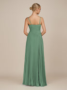 KissDress-Vionnet Sea Glass A-Line V Neck Pleated Chiffon Long Bridesmaid Dress with Slit