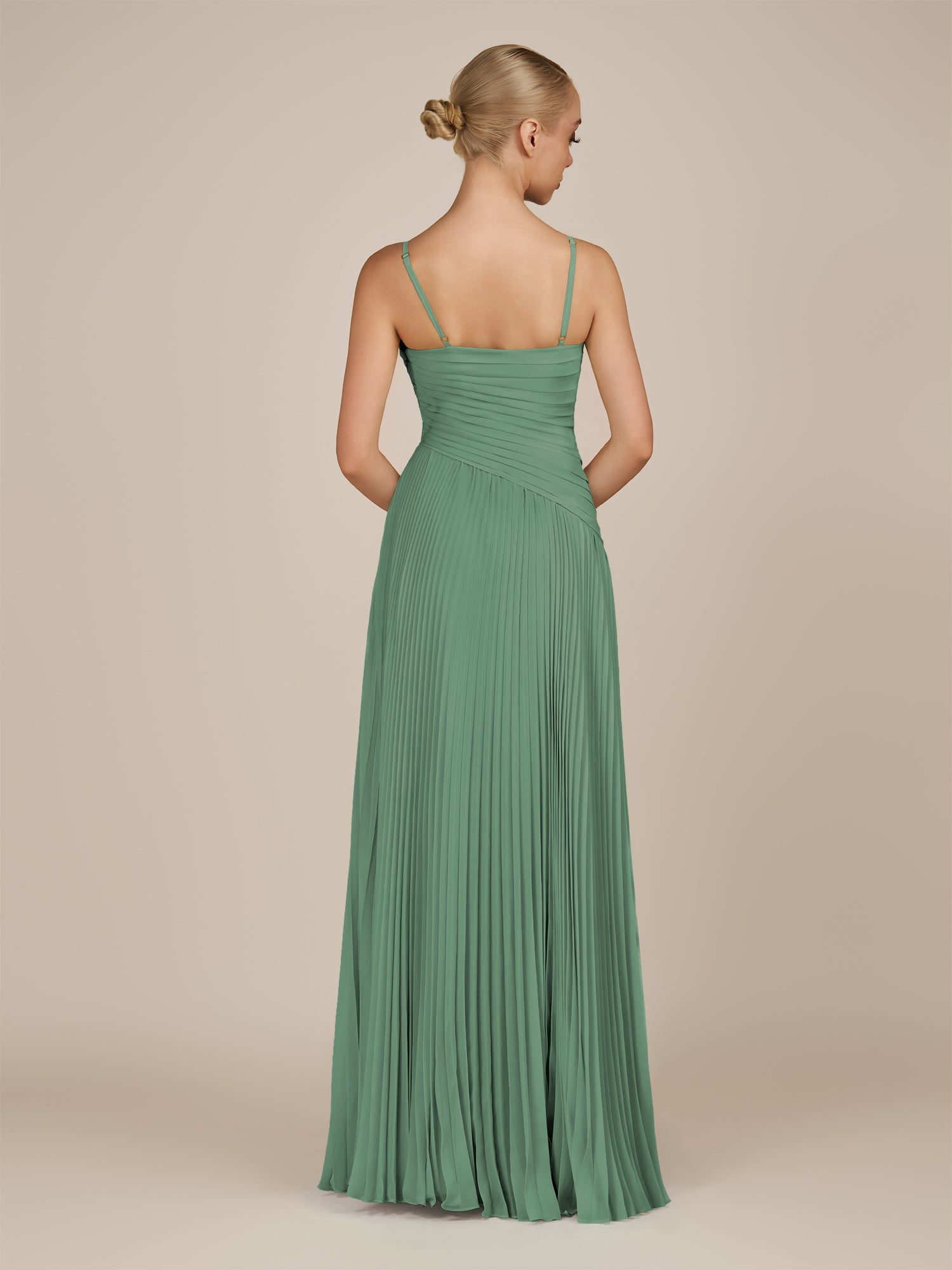 KissDress-Vionnet Sea Glass A-Line V Neck Pleated Chiffon Long Bridesmaid Dress with Slit