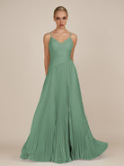 KissDress-Vionnet Sea Glass A-Line V Neck Pleated Chiffon Long Bridesmaid Dress with Slit