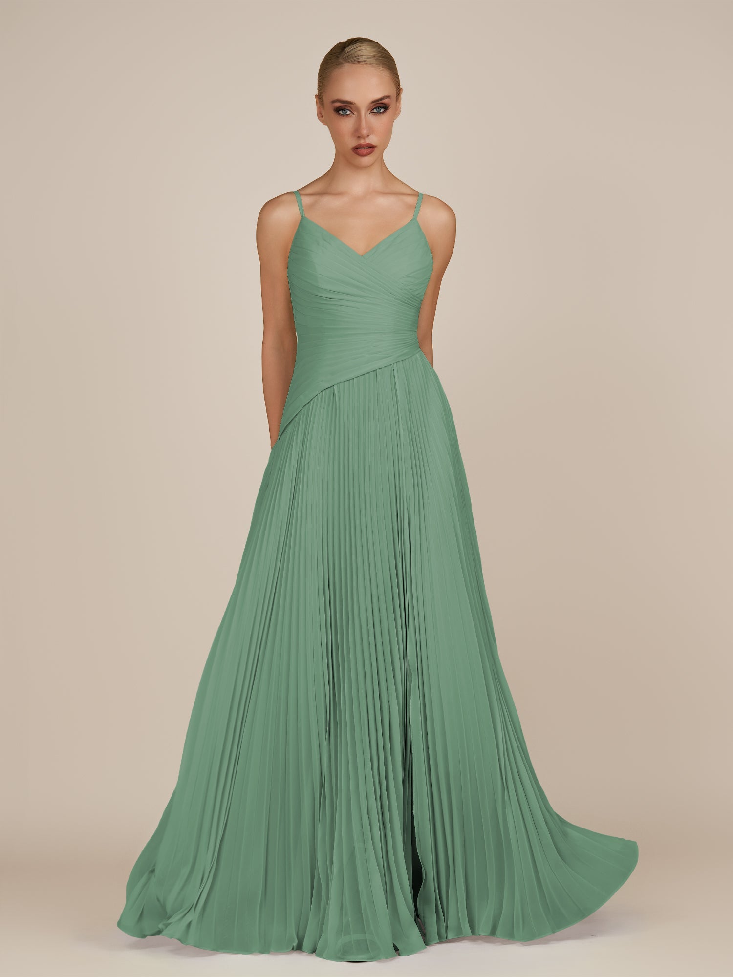 KissDress-Vionnet Sea Glass A-Line V Neck Pleated Chiffon Long Bridesmaid Dress with Slit