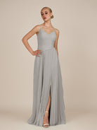 KissDress-Vionnet Silver A-Line V Neck Pleated Chiffon Long Bridesmaid Dress with Slit