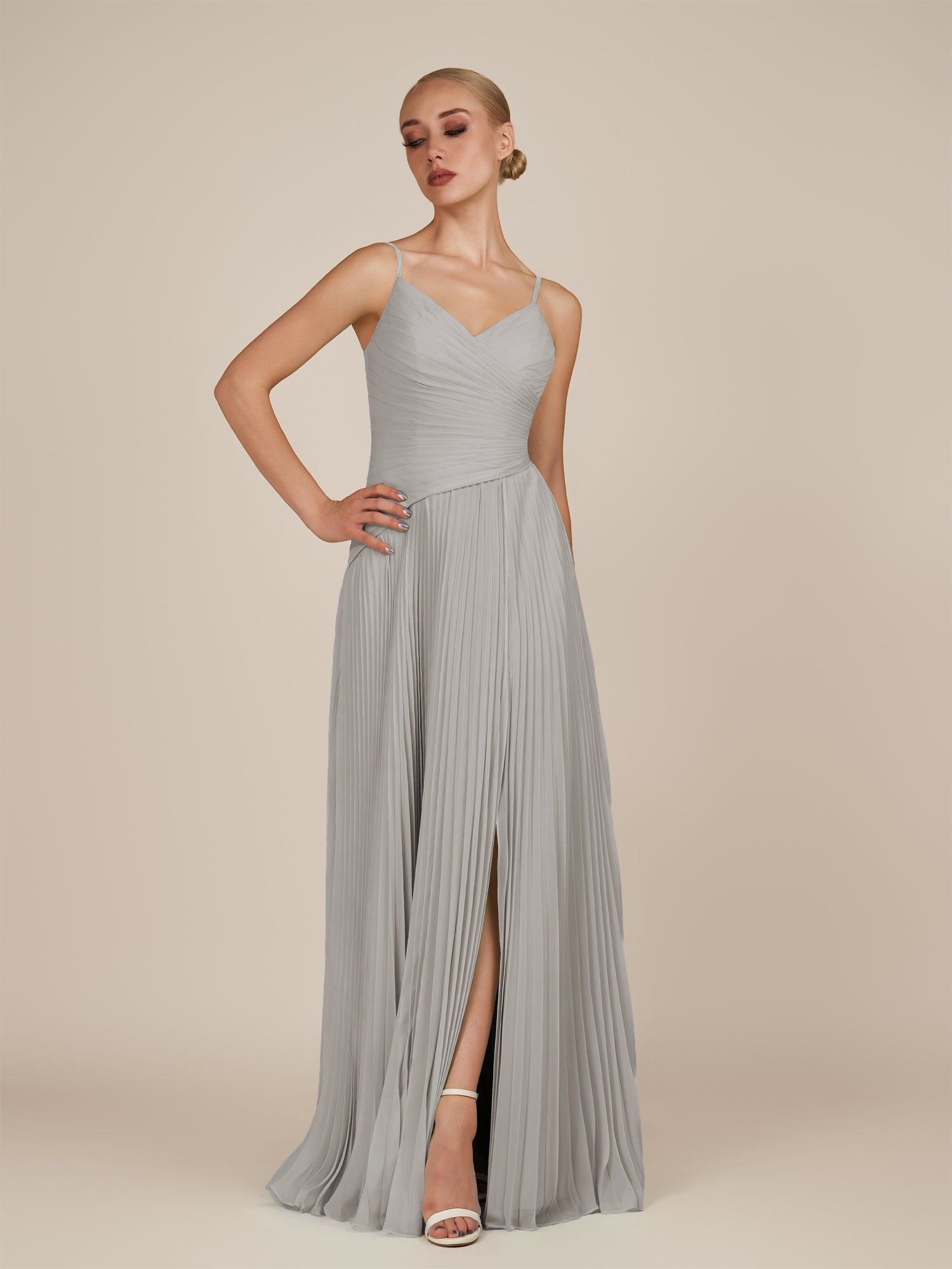 KissDress-Vionnet Silver A-Line V Neck Pleated Chiffon Long Bridesmaid Dress with Slit