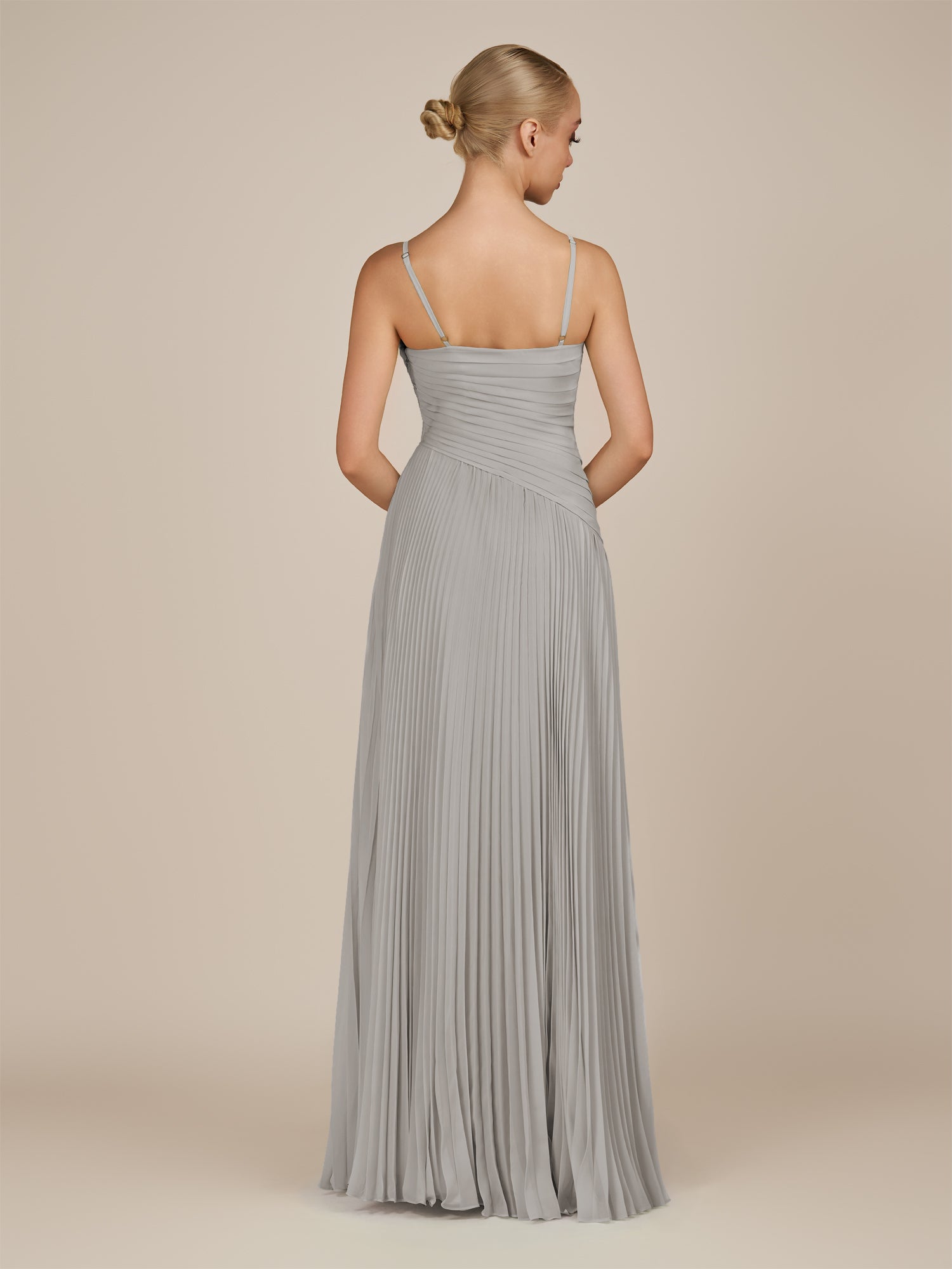 KissDress-Vionnet Silver A-Line V Neck Pleated Chiffon Long Bridesmaid Dress with Slit