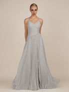KissDress-Vionnet Silver A-Line V Neck Pleated Chiffon Long Bridesmaid Dress with Slit