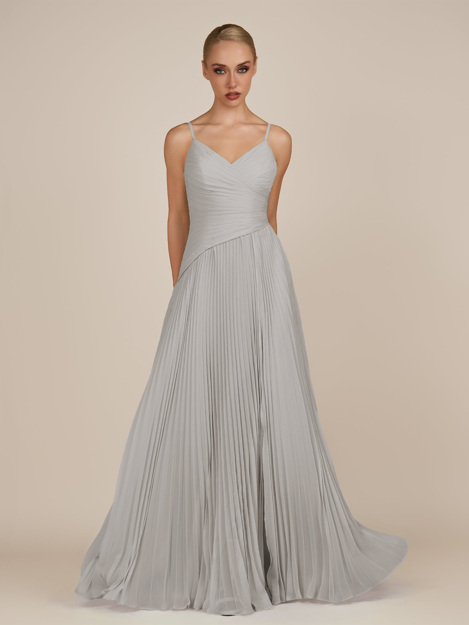 KissDress-Vionnet Silver A-Line V Neck Pleated Chiffon Long Bridesmaid Dress with Slit