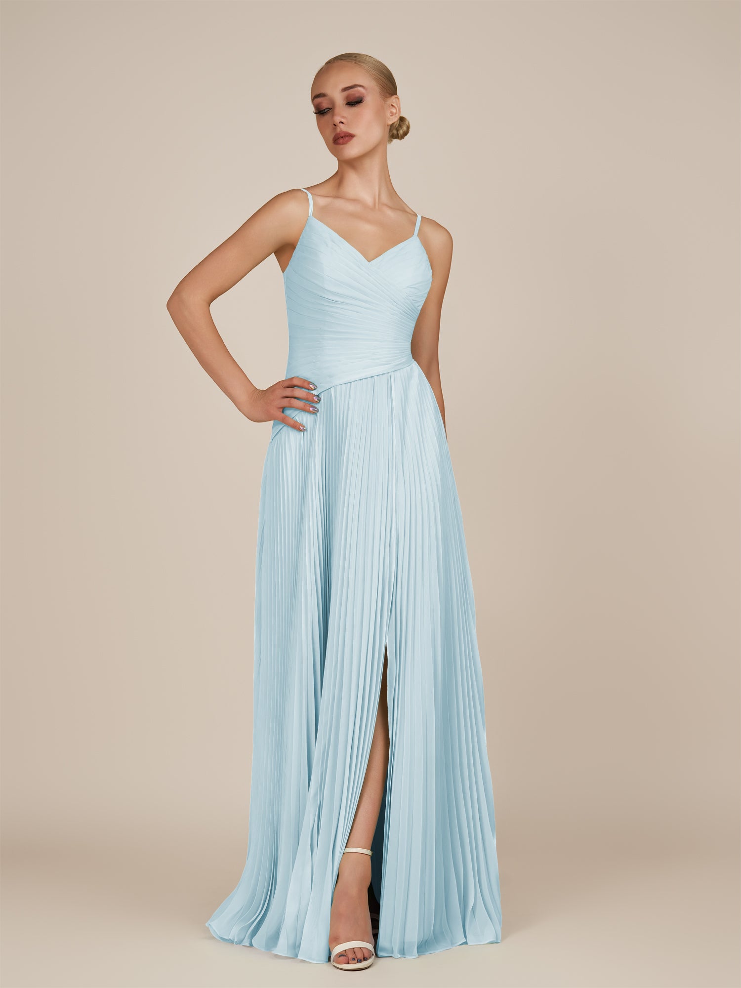 KissDress-Vionnet Sky Blue A-Line V Neck Pleated Chiffon Long Bridesmaid Dress with Slit