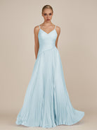 KissDress-Vionnet Sky Blue A-Line V Neck Pleated Chiffon Long Bridesmaid Dress with Slit